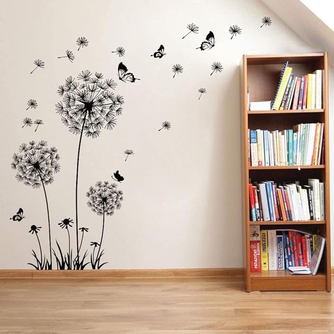 Runtoo Black Dandelion Wall Art Stickers - Large Flower Butterfly Wall Decals for Bedroom & Living Room