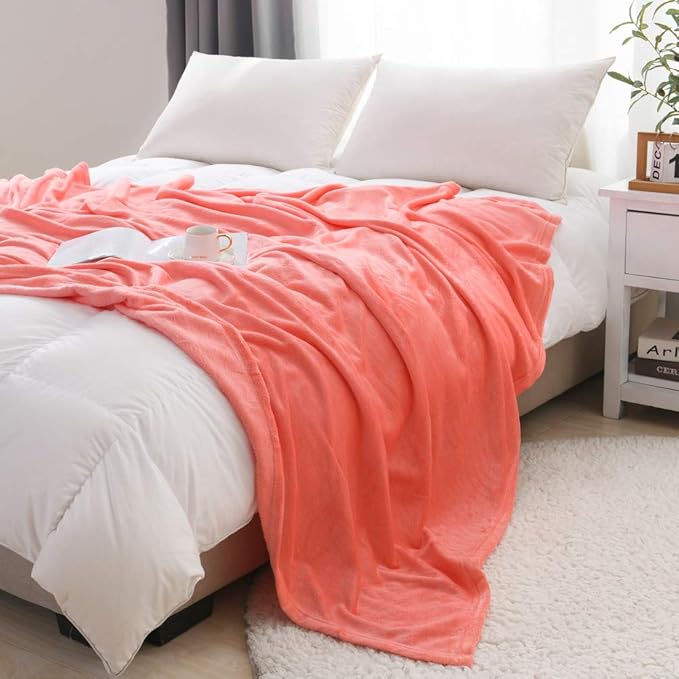 NANPIPER Flannel Fleece Living Coral Blanket Throw Size Luxury Microfiber Soft Throw 50" x 65" Fluffy Solid Throw Blanket for Couch/Bed