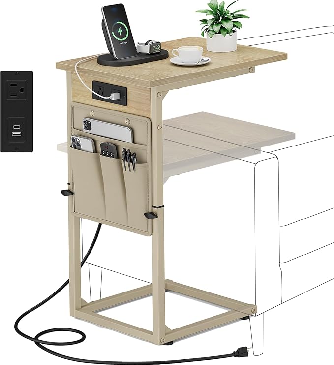 Vagusicc C Shaped End Table with Charging Station, Adjustable Height C Table End Table, Small Side Table for Couch, Couch Table Slide Under Sofa Table TV Tray Arm Table for Living Room,Bedroom,Natural