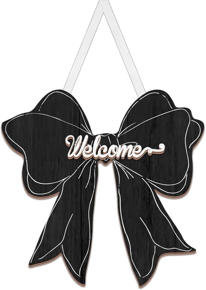 Black Bow Decor Hanging Sign Cute Coquette Bow Decoration Double-sidedWooden Bowknot Welcome Door Sign for Preppy Room Wall Home Bedroom Fall Halloween Indoor Outdoor Porch