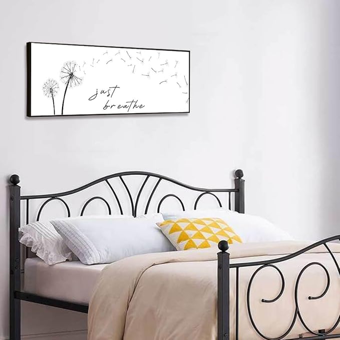 Just Breathe Wall Art - Black and White Pictures for Wall Decor Canvas Art Dandelion Minimalist Wall Art for Bedroom Decor for Women Aesthetic Inhale Exhale Wall Art (Black Wooden Frame) 43x15inch