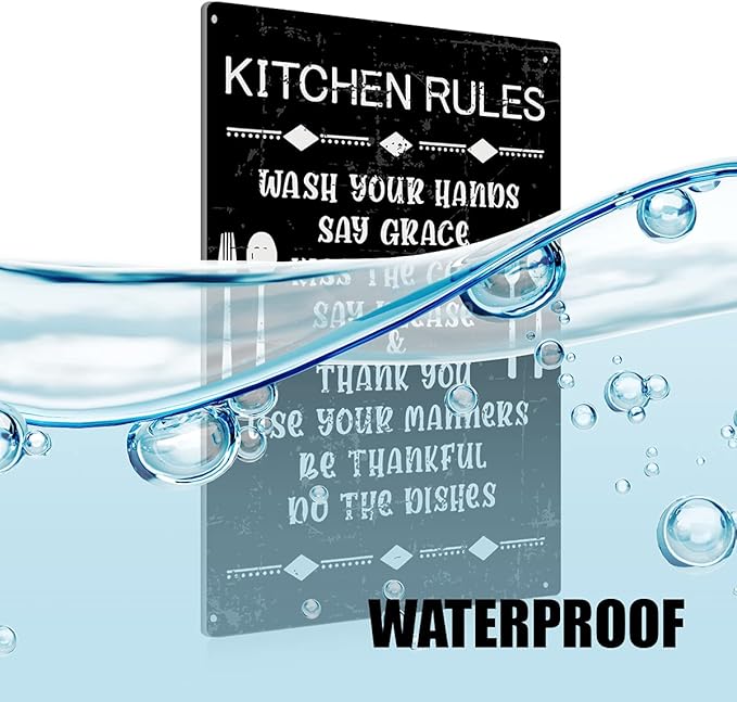Funny Kitchen Rules Metal Tin Sign Wall Art Decor Vintage Sign for Home Caf?Bar Decor Gifts - Black