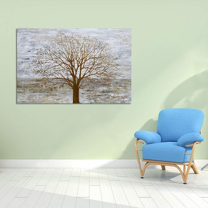 Yihui Arts Canvas Wall Art for Living Room, Gray Wall Decor Long Nature Tree Painting Large Abstract Canvas Artwork Contemporary Pictures Modern Landscape for Office Decoration