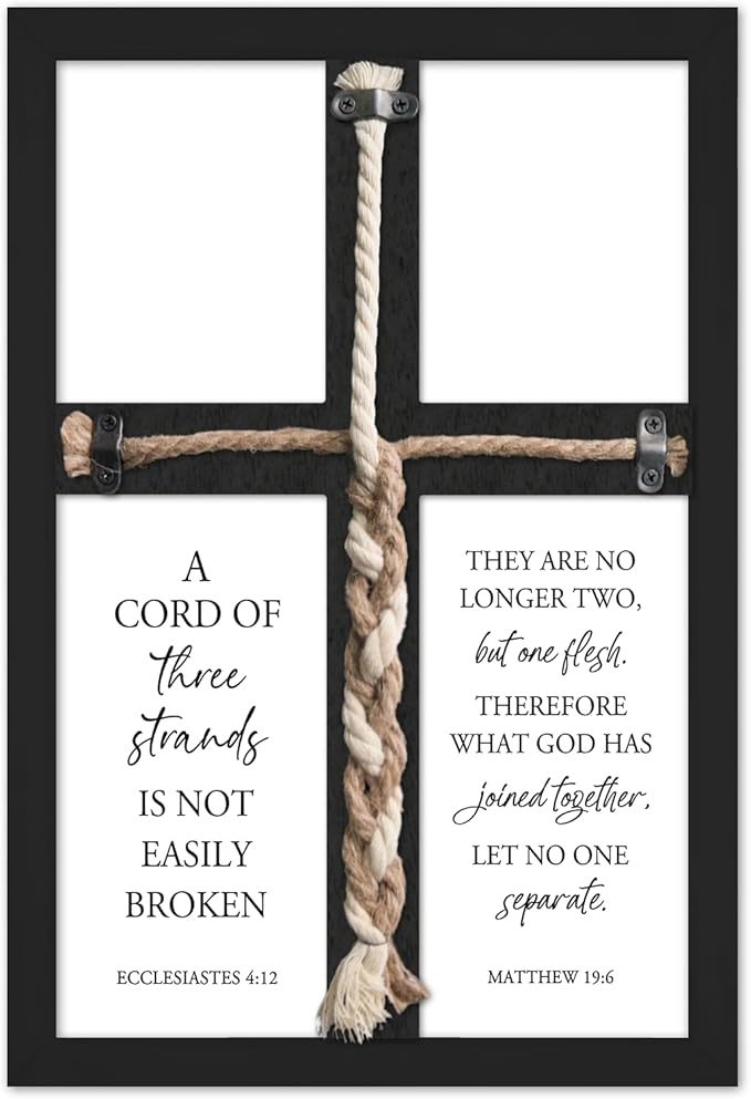 YWJKWLGS A Cord of Three Strands Wedding Ceremony Sign 15x10 Inch Anniversary Unity Knot Cross Christian Marriage Prayer Art Ideas Braid Rope Wall Decor for Couple Religious Wood Framed (Black)