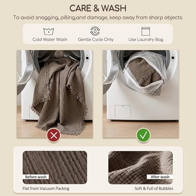 WDCOZY 100% Cotton Muslin Blanket Queen Size 4-Layer for Bed Breathable Lightweight Soft Large Boho Farmhouse Linen Tassels Ruffle Gauze Blankets All Season for Adults 90x90 Inches Beige Tan Neutral