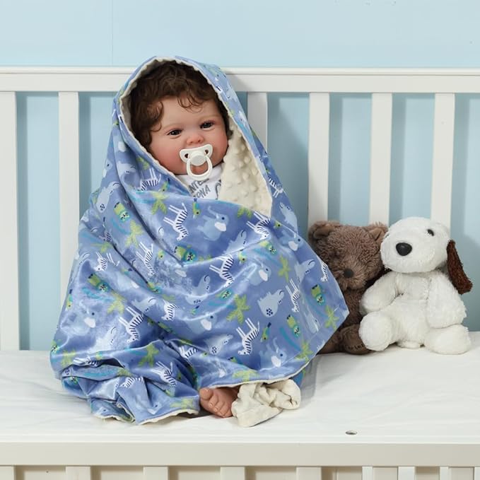 CREVENT 2Pcs 30''X40'' Cute Cozy Fluffy Warm Baby Blankets for Infants Toddlers' Bedding Crib Cot Stroller - Grey Cloud + Minky Zoo