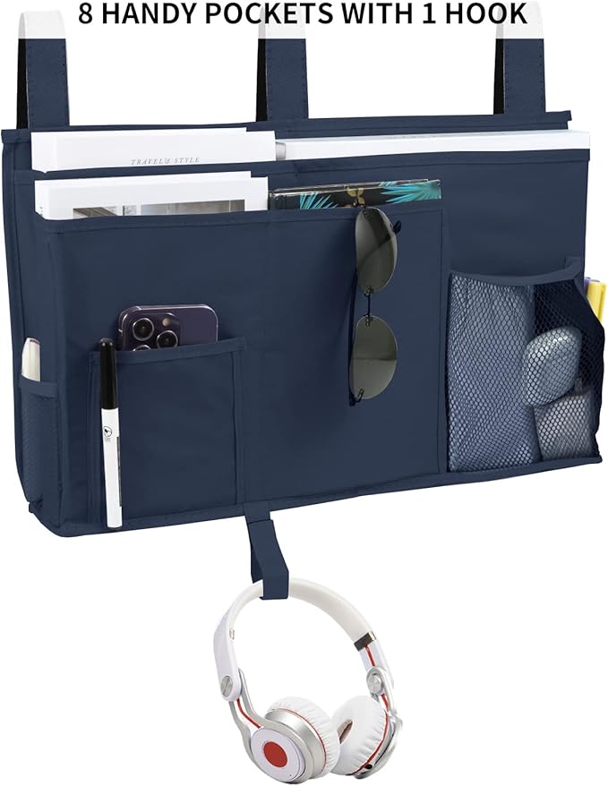 Joyfulife Bedside Caddy Bunk Bed Organizer Bedside Storage Organizer Hanging Bedside Storage Bag Pocket for Bunk, Hospital Beds, College Dorm Rooms, Baby Bed Rails, Camp 8 Pockets (Dark Blue)