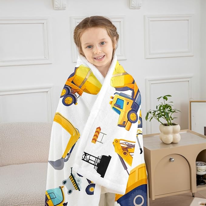 Erosebridal Construction Fleece Throw Blanket for Kids Boys Excavator Truck Blanket Throw Queen 90"X90" Cartoon Car Toddler Bed Blanket Soft Warm,Tractor Vehicle Sherpa Flannel Blanket Yellow Blue