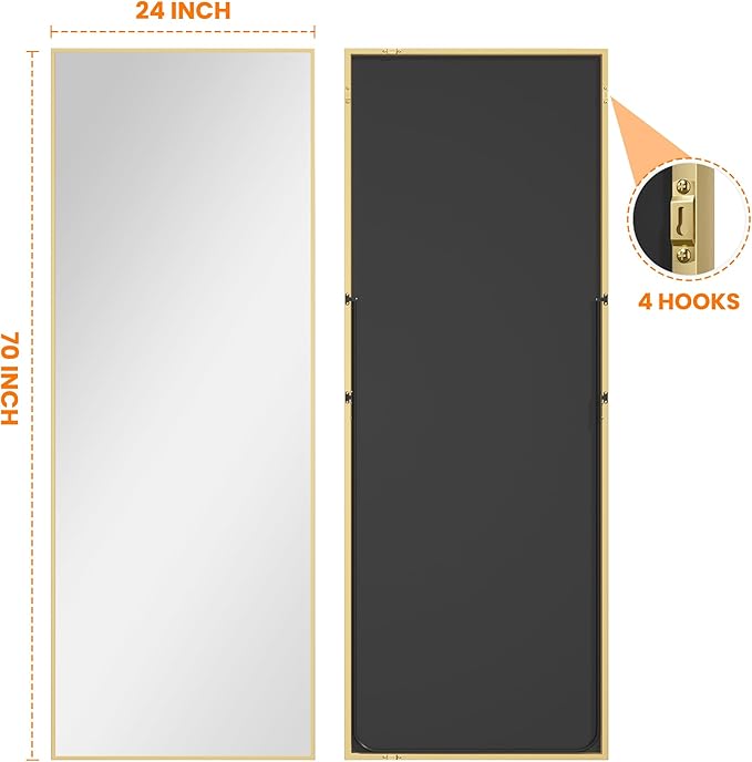 Full Length Standing Mirror, 70"x24" Gold Full Body Mirror with Aluminum Alloy Frame, Free Standing or Wall Mount for Bedroom, Living Room, Dressing Room