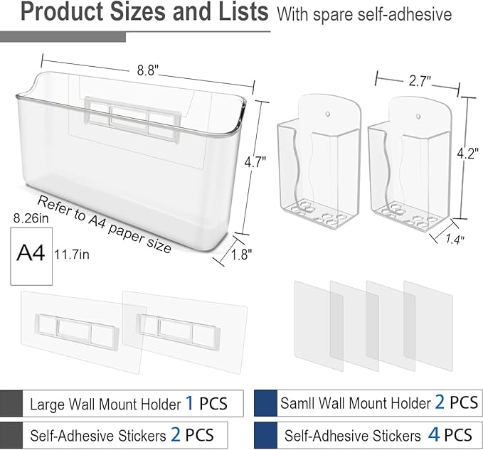 Wall Mounted Remote Control Holder Set, 3 Pack Self Adhesive Magazine File, Mail Organizer Box for Wall, Bedside Caddy Phone Basket, Dorm, Office Storage Supplies.Kitchen Cabinet Door Organizer.