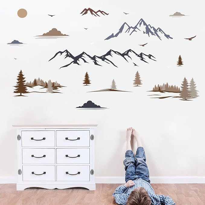 HLNIUC Big Mountain Wall Decal Peel and Stick 35”x16”Forest Nature Landscape Window Clings Mountain Ridge Pine Trees Removable Wall Stickers Art Geometric Mountains Room Decals for Living Room Bedroom