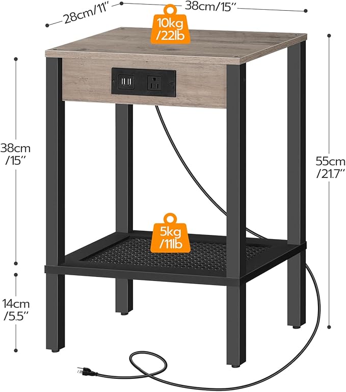 HOOBRO Side Table with Charging Station, Set of 2 End Table with USB Ports and Outlet, Nightstand with 2-Tier Storage Shelf, Faux Rattan Decoration, for Small Space, Greige and Black BG91UBZP201