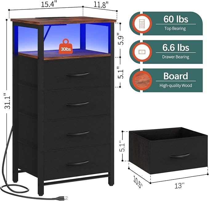 Yoobure Night Stand - LED Nightstand with Charging Station, Tall Dresser for Bedroom, Bedside Table with 4 Fabric Storage Drawers and Storage Shelf, End Table with USB Ports and Outlets