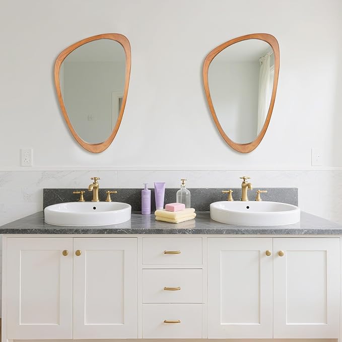 Irregular Wall Mirror Asymmetrical Bathroom Mirror, 19 x 30 Inch Wall Mounted Decorative Mirror with Wooden Frame for Living Room, Vanity, Bedroom, Entryway, Hallway