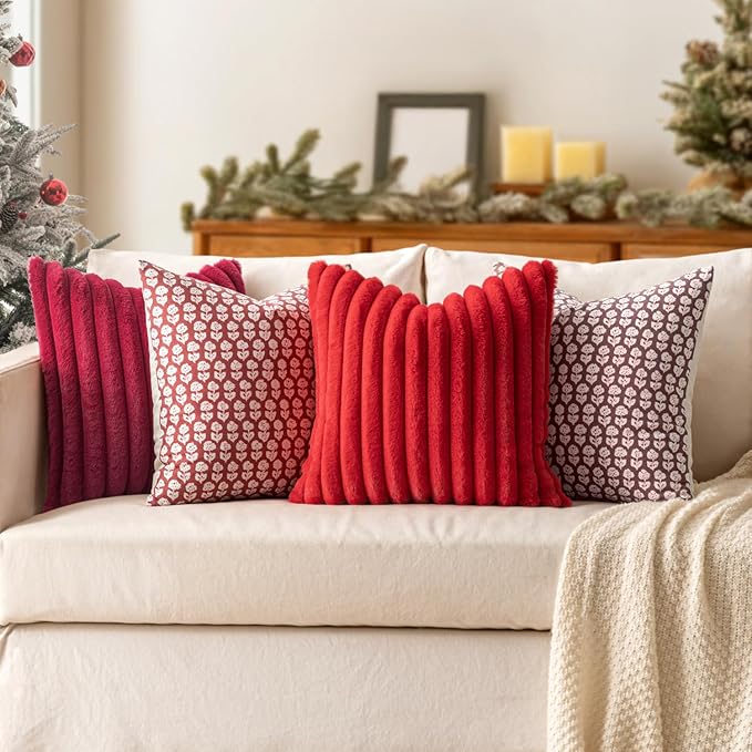 MIULEE Faux Fur Decorative Throw Pillow Covers 18x18 Inch Set of 2, Modern Spring Home Decor Soft Plush Couch Pillows Cozy Fluffy Cushion Covers for Sofa Bed Red