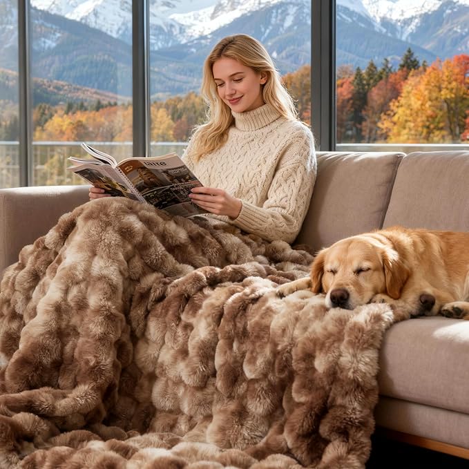 Luxury 1000GSM Faux Rabbit Fur Throw Blanket, Tie-Dye Brown, Ultra Soft Plush 3D Bubble Design, Reversible Mink Brown Blanket for Couch, Sofa, Bed & Living Room, 60"x80", Gift for Women & Family