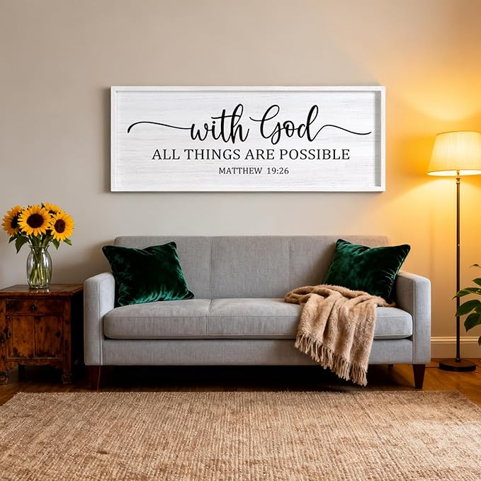 With God All Things are Possible Framed Wall Art, 40''×15'' Black Positive Religious Rustic Bible Verse for Christian God Jesus Christ Prayer, Holy Horizontal Inspirational Catholic Scripture Decor