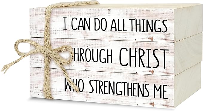 Decorative Books for Home Decor, Wood Book Stack for Table Decor, I Can Do All Things Through Christ Who Strengthens Me Decoration Books for Office Shelf, Farmhouse Stacked Books Decoration (L74)