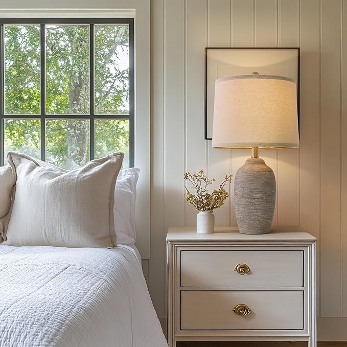 24.5" Handcrafted Ceramic Table Lamp with 5FT Cord, Single Farmhouse Vintage Rustic Bedside Lighting for Living Room Bedroom Entryway Linen Shade Nightstand End Table Decor (Bulb Not Included)