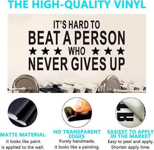 AnFigure Gym Quotes Wall Decals: Inspirational Office Vinyl Art Wall Stickers for Garage Classroom School Workspaces - It's Hard to Beat A Person Who Never Gives Up 28.6"X15"
