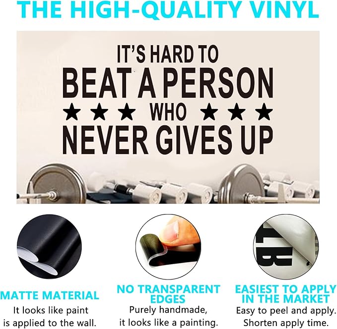 AnFigure Office Quotes Wall Stickers: Inspirational Gym Vinyl Art Wall Decals for Garage Classroom School Workspaces - It's Hard to Beat A Person Who Never Gives Up 21"X11"