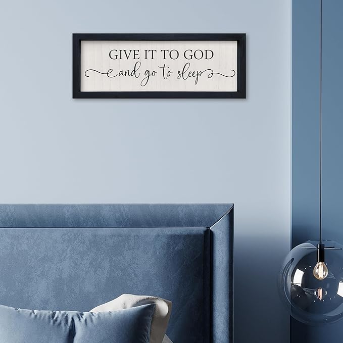 SRSZHIYUE Bedroom Above Bed Wall Decor Give It To God And Go To Sleep Sign 16"X6" Christian Farmhouse Over Bed for Horizontal Catholic Master Vintage Wood Framed Wall Art Hanging (Black)