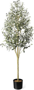 Waterproof Artificial Olive Tree, 6 FT Tall Faux Olive Tree for Home Indoor Decor, Floor Plant with Textured Leaves Fruits, Realistic Wood-Grain Trunk, Fake Plant for Living Room Bedroom Office