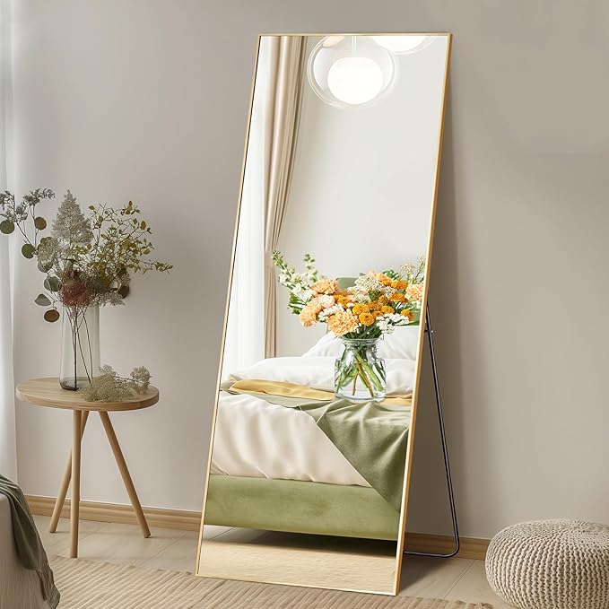 Mirror Full Length, Upgraded Body Wall Mirrors with Shatter-Proof Glass, Floor Standing, Hanging or Leaning, Tall Mirror with Stand Aluminum Alloy Frame for Bedroom