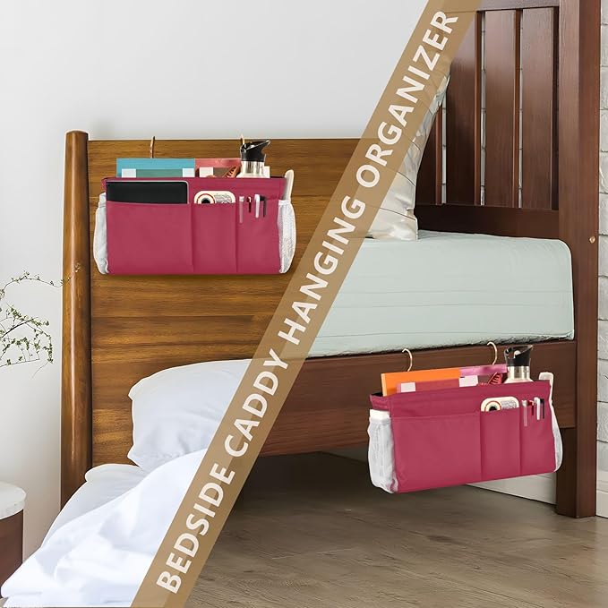Strawberry Red Bedside Caddy Storage Bag Bedside Organizer for College Dorm Top Bunk Bed Organizer Caddy Hanging Shelf 6 Pockets with Hooks for Glasses Book Tablet Holder