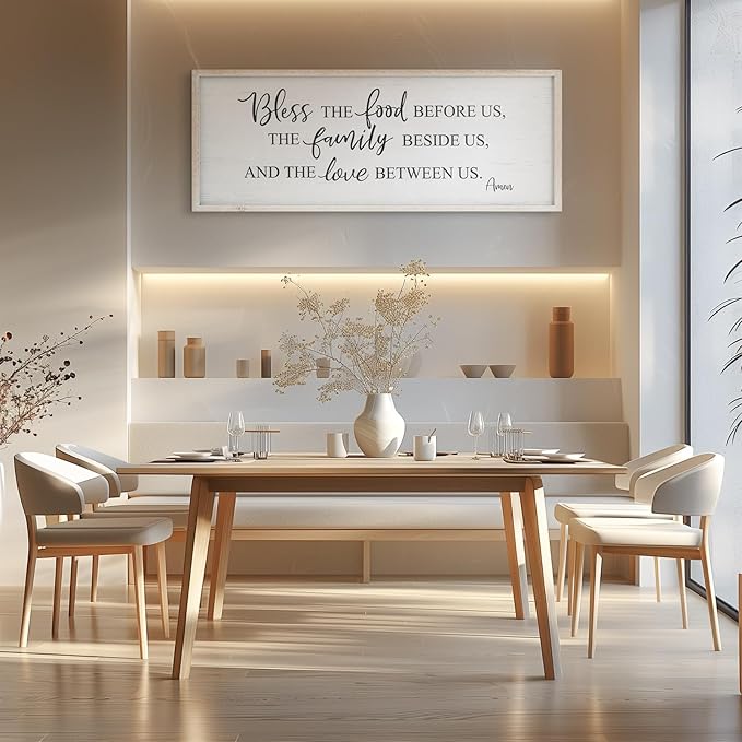Bless The Food Before Us Home Decor Wall Sign For Family Kitchen Farmhouse Dining Room Vintage Rustic Retro Boho Wood House Wall Art Decoration For Living Room Bedroom 40 x 15 Inch white