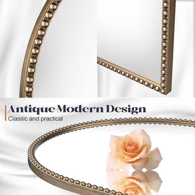 Arched Beaded Mirror for Bathroom, 24"x32" Antique Gold Arch Vanity Wall Mirror, Retro Brass Metal Frame Champagne Bronze Mirrors for Bedroom Dressing Room Entryway Fireplace
