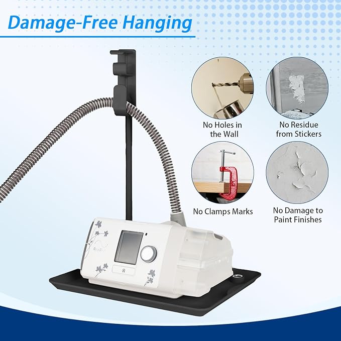 CPAP Hose Holder for Bed - (Wall-Damage-Free) Black CPAP Machine Protective Tray with Adjustable Height Hook for Hanging Mask & Accessories to Keep Bedside Tidy