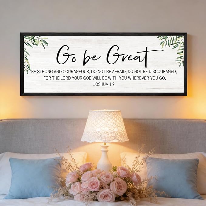Go Be Great Wall Decor: 40x15 Inch Large Framed Bible Verse Wall Art, Joshua 1:9 Scripture Sign, Christian Wall Decor for Bedroom Living Room, Black Wooden Frame, Natural, Black