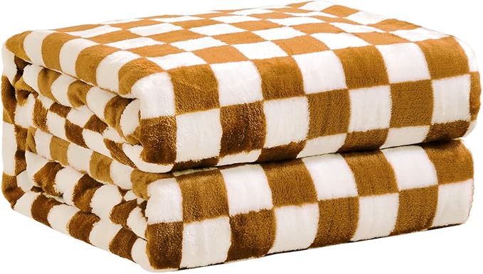 FY FIBER HOUSE Checkered Flannel Fleece Throw Blanket Soft Cozy Checkerboard Grid Print Chessboard Gingham Pattern Blankets for Bed Couch Sofa, 50"x60", Oak