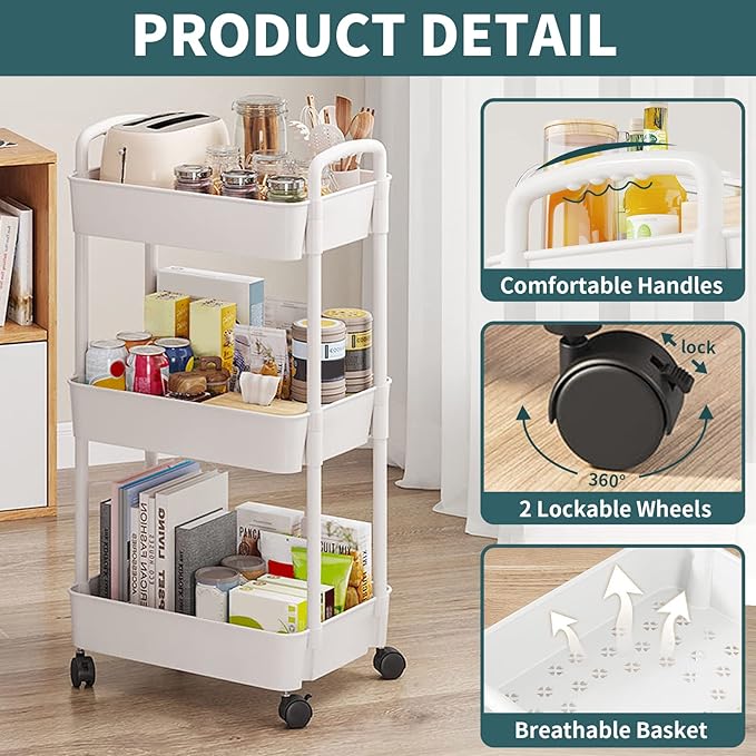 EZ COZY 3 Tier Rolling Cart, Plastic Diaper Cart Organizer with Wheels, Roller Cart for Diapers, Baby Nursery, Kitchen, Bathroom, Living Room and Bedside, White