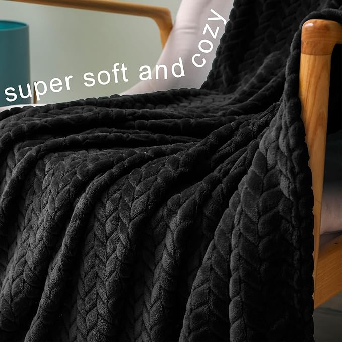 Exclusivo Mezcla Fleece Queen Size Blanket for Bed, 90x90 Inches Soft Cozy Jacquard Flannel Blankets, Lightweight Fuzzy Plush Warm for Women, Black