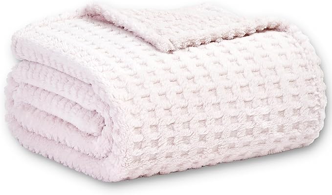 Soft Cozy Fuzzy Fleece Queen Size Blanket, Waffle Light Pink, 90x90 Inches – Lightweight, Fluffy, and Warm 3D Jacquard All-Season Blanket for Bed, Couch, Sofa, Camping, and Travel