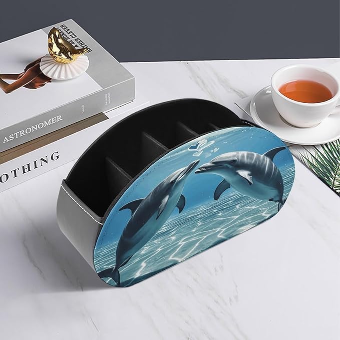 Dolphins in Love Remote Control Holder Organizer Box with 5 Compartment PU Leather Bedside Storage Caddy Remote Organizer for Controller Media Player Pen/Pencil Storage