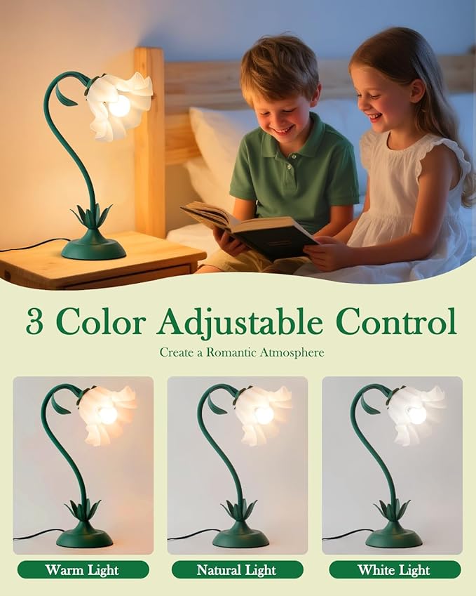 Flower Table Lamp, Cute LED Reading Bedside Night Light, 3 Color Modes Vintage Desk Lamp, Kawaii Aesthetic Decor for Dorm Bedroom Living Room (Dark Green)