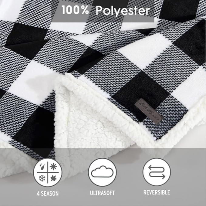 Eddie Bauer - King Blanket, Reversible Sherpa Fleece Bedding, Buffalo Plaid Home Decor for All Seasons (Black Check, King)