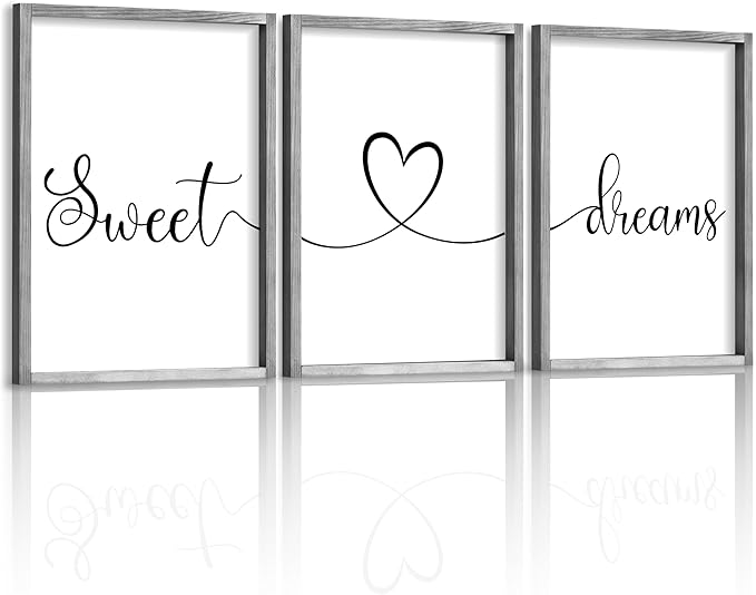 Ronasip Sweet Dreams Wall Decor for Bedroom Set of 3 Framed Wall Art for Farmhouse Rustic Home Master Bedroom Decor (11”x14”, Gray)