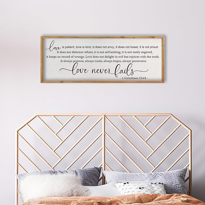 comurdyo Love is Patient Kind Sign 1 Corinthians 13:4-8 Wall Art Bible Verses 32X12 Inch Love Never Fails Wall Decor for Master Bedroom Above Bed (Wood)