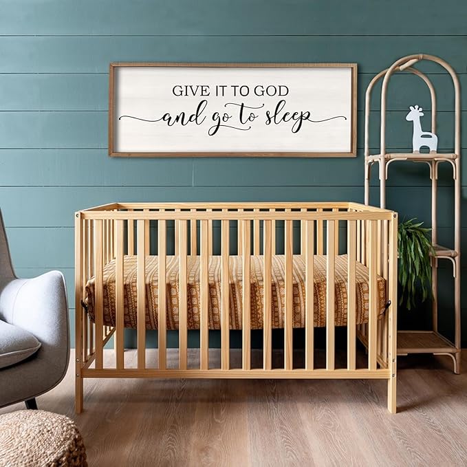 Give It To God And Go To Sleep Sign Wall Decor 40"X15" Master Bedroom Above Bed Large Farmhouse Wall Decor Wood Rustic Framed Over Bed Wall Art Hanging Decoration (Wood White)