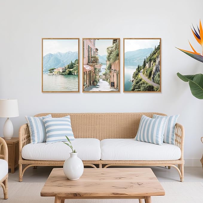 CHDITB Coastal Wall Art, Coastal Town Framed Canvas Poster, Mountain Lakeside Village Scenery Wall Decor, Modern Ocean Country Landscape Artwork for Living Room, Bedroom office decor 12"x16"x3