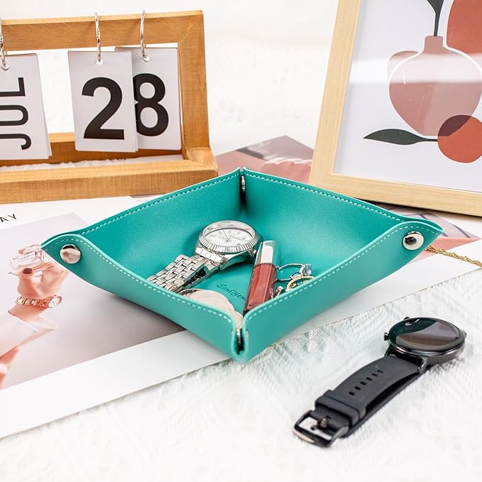 SANQIANWAN PU Leather Arc Edge Jewelry Valet Tray for Man and Women, Portable Mini Entryway Table Tray Bedside Nightstand Desk Tray Small Travel Dish Plate for Key,Wallet,Watch,Coin (WaterGreen)