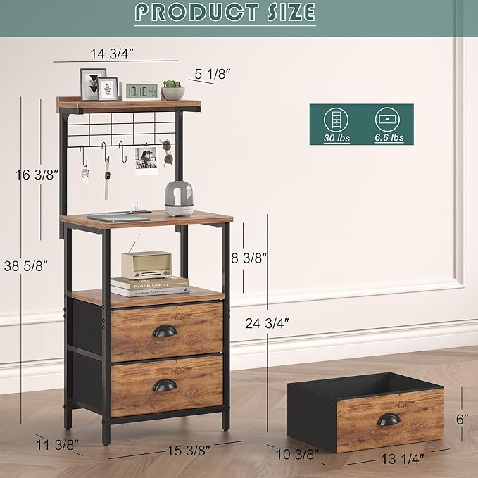 Tall Nightstands with Charging Station, LED Night Stand Bedsides with 2 Fabric Drawers,Hooks,USB Port and Open Storage Shelves,Tall End Table Bedside for Bedroom,Office, Rustic Brown