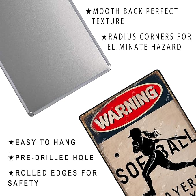 snowsun Softball Metal Signs Warning Softball Players Only Vintage Tin Sign Warning Wall Decor for Boys Girls Bedroom Sports 8×12 Inches