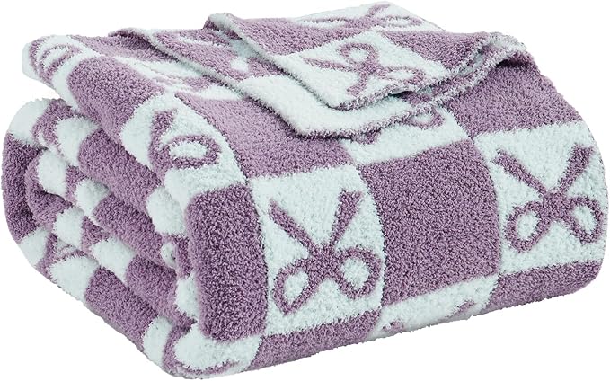 YIRUIO Purple Checkered Knit Throw Blanket - with Bow Pattern for Women Daughter & Son, 50x60 Size Ultra Soft Microfiber Reversible,Fluffy Fuzzy Cozy Throw for Bed, Sofa & Couch, Home Decor