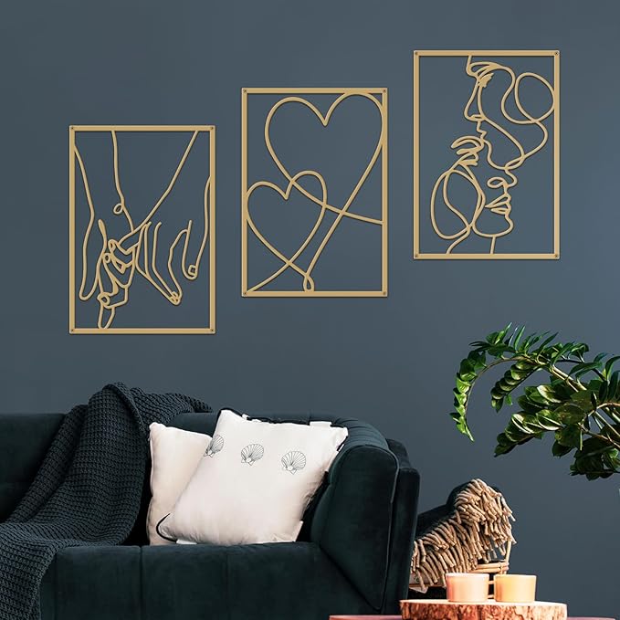3 Pieces Metal Minimalist Line Wall Art, Valentine's Day Lover Kiss Hand Metal Wall Decor, Aesthetic Modern Home Hanging Wall Art Decor for Bedroom Bathroom Living Room (Gold)