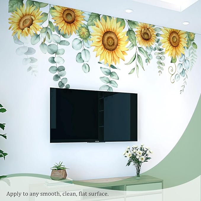Sunflowers Floral Wall Decals Peel and Stick, Large Floral Flowers Wall Stickers, Removable Vine Home Decor Art for Bedroom Living Room Classroom Office